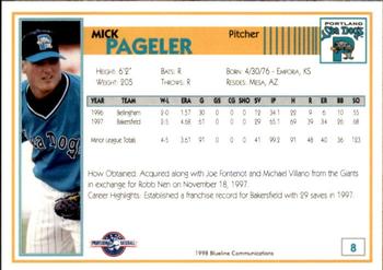 1998 Blueline Q-Cards Portland Sea Dogs #8 Mick Pageler Back