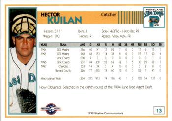 1998 Blueline Q-Cards Portland Sea Dogs #13 Hector Kuilan Back