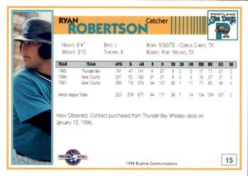 1998 Blueline Q-Cards Portland Sea Dogs #15 Ryan Robertson Back