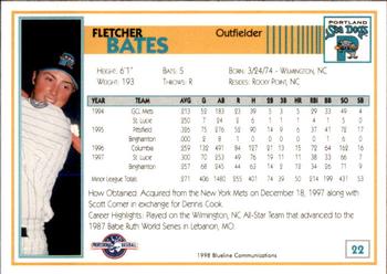 1998 Blueline Q-Cards Portland Sea Dogs #22 Fletcher Bates Back
