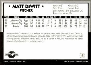 1998 Blueline Q-Cards Prince William Cannons #6 Matt DeWitt Back