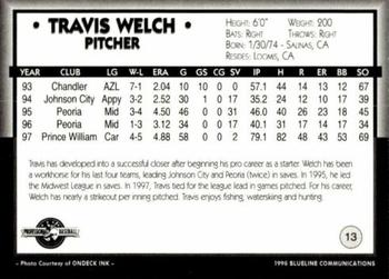 1998 Blueline Q-Cards Prince William Cannons #13 Travis Welch Back