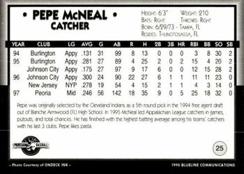 1998 Blueline Q-Cards Prince William Cannons #25 Pepe McNeal Back