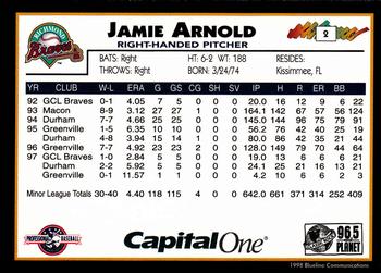 1998 Blueline Q-Cards Richmond Braves #2 Jamie Arnold Back
