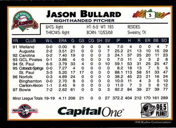 1998 Blueline Q-Cards Richmond Braves #5 Jason Bullard Back