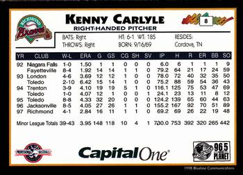1998 Blueline Q-Cards Richmond Braves #8 Kenny Carlyle Back
