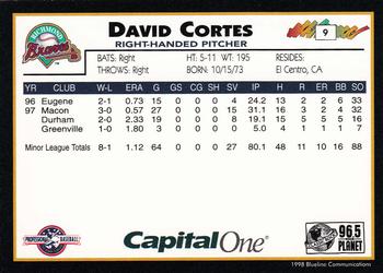 1998 Blueline Q-Cards Richmond Braves #9 David Cortes Back