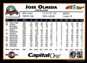 1998 Blueline Q-Cards Richmond Braves #22 Jose Olmeda Back