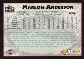 1998 Blueline Q-Cards Scranton/Wilkes-Barre Red Barons #1 Marlon Anderson Back