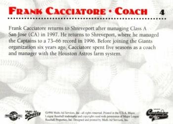 1998 Multi-Ad Shreveport Captains #4 Frank Cacciatore Back