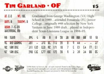 1998 Multi-Ad Shreveport Captains #15 Tim Garland Back