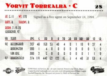 1998 Multi-Ad Shreveport Captains #28 Yorvit Torrealba Back