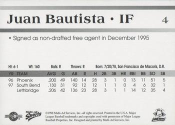1998 Multi-Ad South Bend Silver Hawks #4 Juan Bautista Back