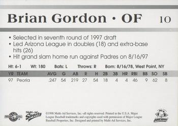 1998 Multi-Ad South Bend Silver Hawks #10 Brian Gordon Back