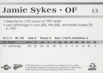 1998 Multi-Ad South Bend Silver Hawks #13 Jamie Sykes Back