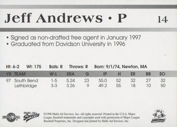 1998 Multi-Ad South Bend Silver Hawks #14 Jeff Andrews Back