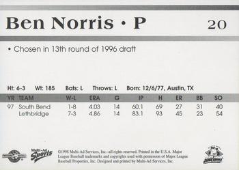 1998 Multi-Ad South Bend Silver Hawks #20 Ben Norris Back