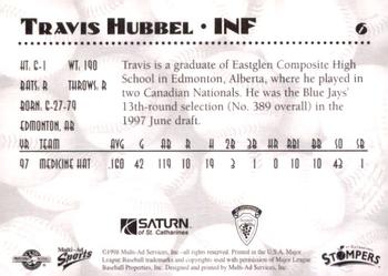 1998 Multi-Ad St. Catharines Stompers #6 Travis Hubbel Back