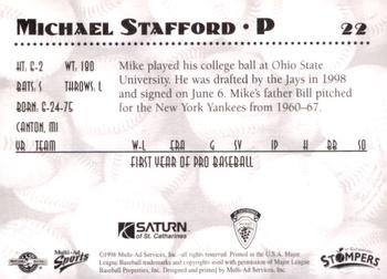 1998 Multi-Ad St. Catharines Stompers #22 Michael Stafford Back