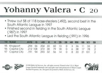 1998 Multi-Ad St. Lucie Mets #20 Yohanny Valera Back