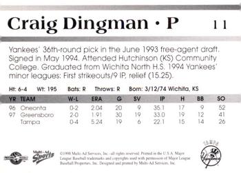 1998 Multi-Ad Tampa Yankees #11 Craig Dingman Back