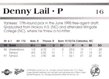 1998 Multi-Ad Tampa Yankees #16 Denny Lail Back