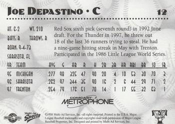 1998 Multi-Ad Trenton Thunder #12 Joe Depastino Back
