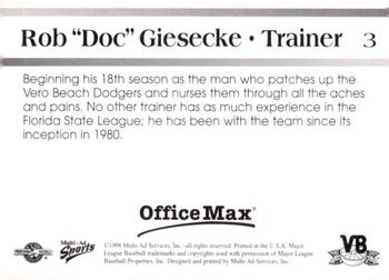 1998 Multi-Ad Vero Beach Dodgers #3 Rob Giesecke Back
