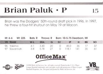 1998 Multi-Ad Vero Beach Dodgers #15 Brian Paluk Back