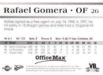1998 Multi-Ad Vero Beach Dodgers #26 Rafael Gomera Back