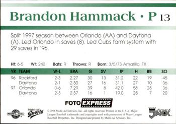 1998 Multi-Ad West Tenn Diamond Jaxx #13 Brandon Hammack Back