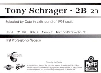 1998 Multi-Ad Williamsport Cubs #23 Tony Schrager Back
