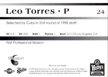 1998 Multi-Ad Williamsport Cubs #24 Leo Torres Back