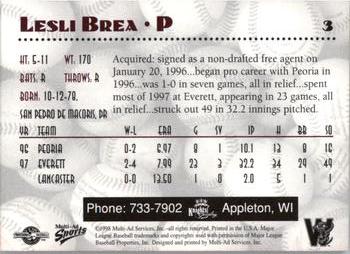 1998 Multi-Ad Wisconsin Timber Rattlers #3 Lesli Brea Back