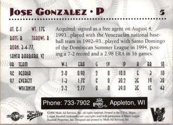 1998 Multi-Ad Wisconsin Timber Rattlers #5 Jose Gonzalez Back