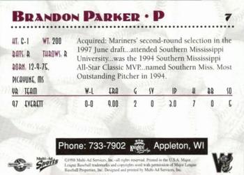 1998 Multi-Ad Wisconsin Timber Rattlers #7 Brandon Parker Back
