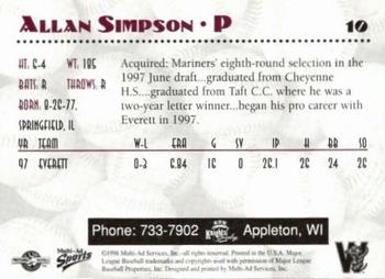 1998 Multi-Ad Wisconsin Timber Rattlers #10 Allan Simpson Back