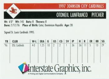 1997 Johnson City Cardinals #NNO Otoniel Lanfranco Back