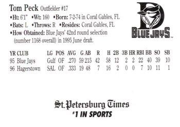 1997 St. Petersburg Times Dunedin Blue Jays Family Night #NNO Tom Peck Back