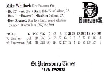 1997 St. Petersburg Times Dunedin Blue Jays Family Night #NNO Mike Whitlock Back