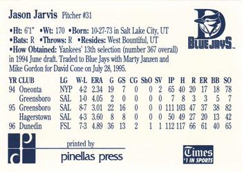 1997 Dunedin Blue Jays #16 Jason Jarvis Back