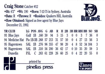 1997 Dunedin Blue Jays #27 Craig Stone Back