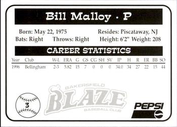 1997 Bakersfield Blaze (SGA) #3 Bill Malloy Back