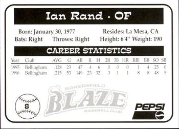 1997 Bakersfield Blaze (SGA) #8 Ian Rand Back