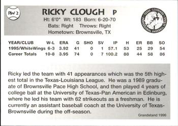 1996 Grandstand Rio Grande Valley WhiteWings #RW2 Ricky Clough Back