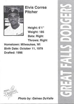 1996 Great Falls Dodgers #6 Elvis Correa Back