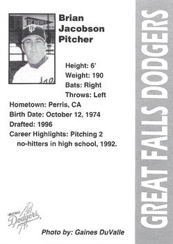1996 Great Falls Dodgers #11 Brian Jacobson Back
