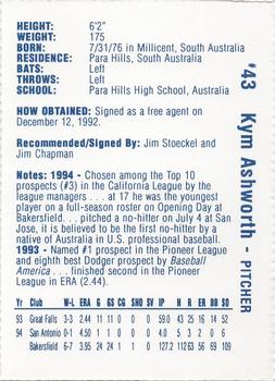 1995 Vero Beach Dodgers #NNO Kym Ashworth Back