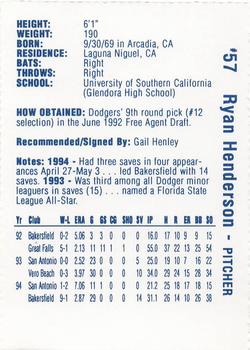 1995 Vero Beach Dodgers #NNO Ryan Henderson Back
