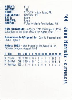 1995 Vero Beach Dodgers #NNO Juan Hernaiz Back